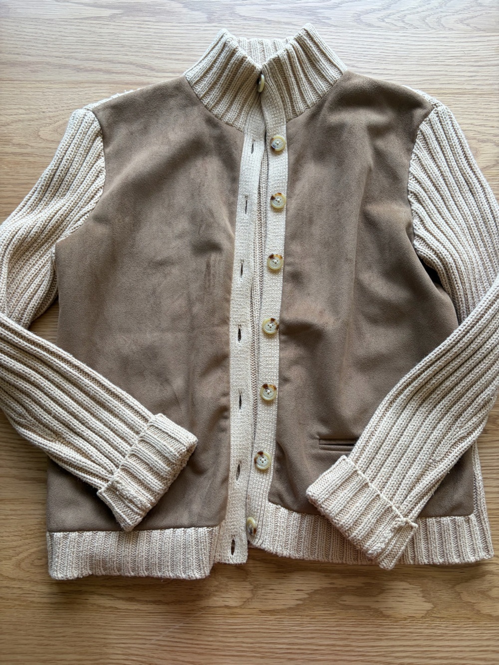 Ralph Lauren Two-Tone Beige and Cream Suede Button Cardigan